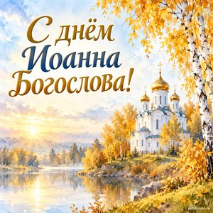 День апостола Иоанна Богослова — открытка «С днём Иоанна Богослова!» с белым храмом среди золотых берёз