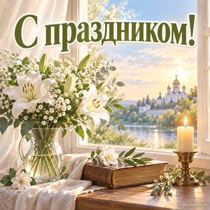 День апостола Иоанна Богослова — открытка «С праздником!» с белыми цветами у освещённого окна