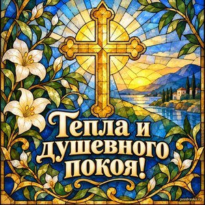 День апостола Иоанна Богослова — открытка «Тепла и душевного покоя!» с золотым крестом и нежными растительными узорами