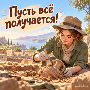 День археолога — открытка «Пусть всё получается!» с исследователем, бережно очищающим находку