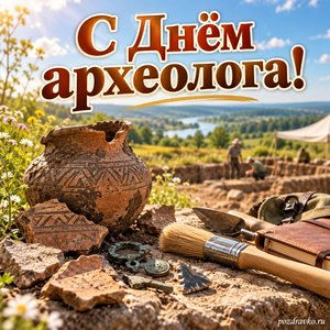 День археолога — открытка «С Днём археолога!» с археологической экспедицией на летнем холме