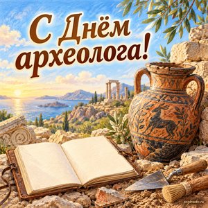 День археолога — открытка «С Днём археолога!» с старинной вазой и полевым блокнотом без букв