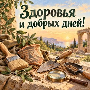 День археолога — открытка «Здоровья и добрых дней!» с аккуратными инструментами и зелёной веточкой