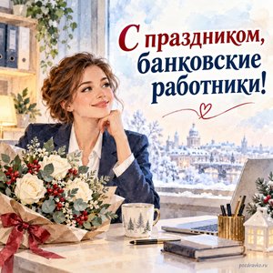 День банковского работника — открытка «С праздником, банковские работники!» с банковским работником и цветами у зимнего окна