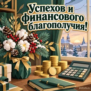 День банковского работника — открытка «Успехов и финансового благополучия!» с монетами без символов, калькулятором и зимним букетом