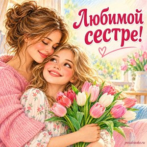 День братьев и сестёр — открытка «Любимой сестре!» с двумя сёстрами и букетом тюльпанов