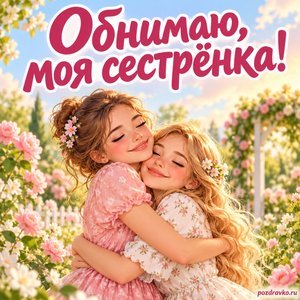 День братьев и сестёр — открытка «Обнимаю, моя сестрёнка!» с двумя сёстрами в цветущем саду