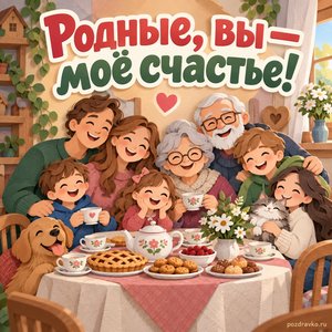 День братьев и сестёр — открытка «Родные, вы — моё счастье!» с большой дружной семьёй за чайным столом