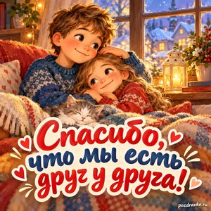 День братьев и сестёр — открытка «Спасибо, что мы есть друг у друга!» с братом и сестрой у уютного окна