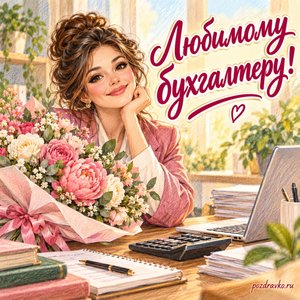 День бухгалтера — открытка «Любимому бухгалтеру!» с женщиной-бухгалтером и букетом
