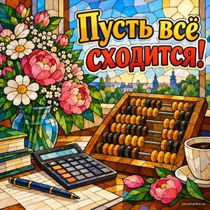 День бухгалтера — открытка «Пусть всё сходится!» с счётами и живыми цветами