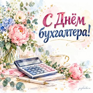 День бухгалтера — открытка «С Днём бухгалтера!» с калькулятором и праздничными цветами
