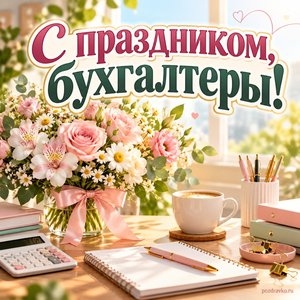 День бухгалтера — открытка «С праздником, бухгалтеры!» с рабочим столом и солнечным букетом