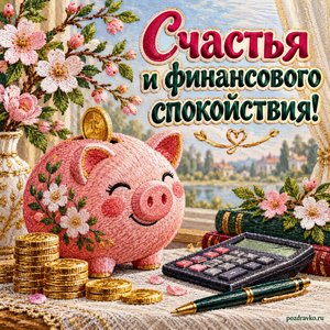 День бухгалтера — открытка «Счастья и финансового спокойствия!» с копилкой и цветущими веточками