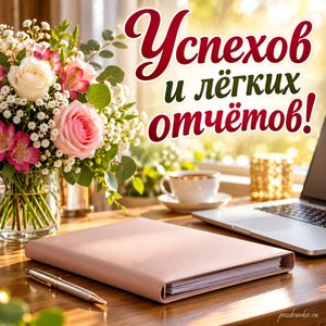 День бухгалтера — открытка «Успехов и лёгких отчётов!» с ноутбуком и чистой папкой на уютном столе