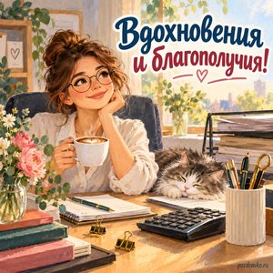 День бухгалтера — открытка «Вдохновения и благополучия!» с чашкой кофе и аккуратными канцелярскими принадлежностями