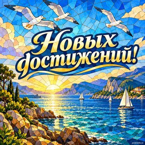 День Черноморского флота ВМФ России — открытка «Новых достижений!» с чайками над морской бухтой