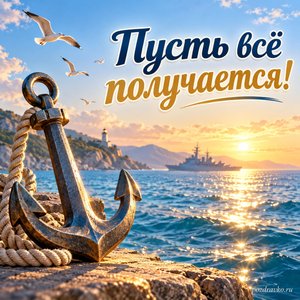 День Черноморского флота ВМФ России — открытка «Пусть всё получается!» с якорем и солнечными бликами на воде