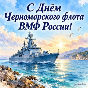 День Черноморского флота ВМФ России — открытка «С Днём Черноморского флота ВМФ России!» с кораблём в спокойном Чёрном море