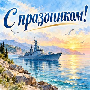День Черноморского флота ВМФ России — открытка «С праздником!» с кораблём в спокойном Чёрном море