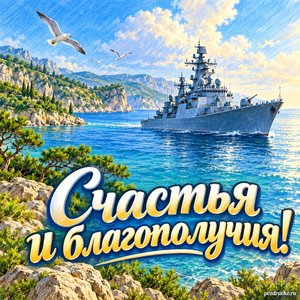 День Черноморского флота ВМФ России — открытка «Счастья и благополучия!» с кораблём у зелёного побережья
