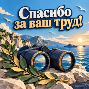 День Черноморского флота ВМФ России — открытка «Спасибо за ваш труд!» с морским биноклем и веточкой лавра