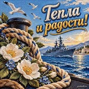 День Черноморского флота ВМФ России — открытка «Тепла и радости!» с корабельным канатом и цветами