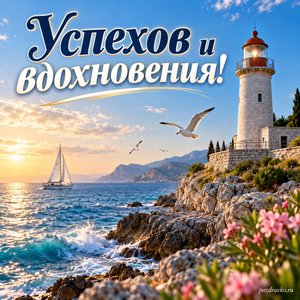 День Черноморского флота ВМФ России — открытка «Успехов и вдохновения!» с маяком на южном берегу