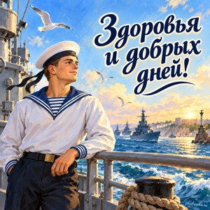 День Черноморского флота ВМФ России — открытка «Здоровья и добрых дней!» с моряком без эмблем у борта