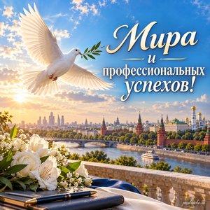 День дипломатического работника — открытка «Мира и профессиональных успехов!» с белым голубем над красивым мирным городом