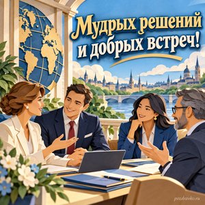 День дипломатического работника — открытка «Мудрых решений и добрых встреч!» с дипломатами в деловой одежде за спокойной беседой