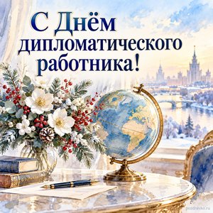 День дипломатического работника — открытка «С Днём дипломатического работника!» с глобусом и зимним букетом на столе