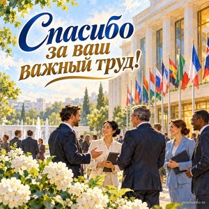 День дипломатического работника — открытка «Спасибо за ваш важный труд!» с солнечным фасадом нейтрального международного центра
