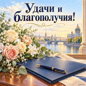 День дипломатического работника — открытка «Удачи и благополучия!» с ручкой, чистой папкой и цветами