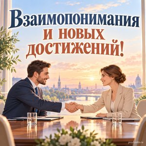 День дипломатического работника — открытка «Взаимопонимания и новых достижений!» с двумя рукопожатиями за переговорным столом