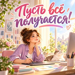 День дизайнера-графика — открытка «Пусть всё получается!» с дизайнером у солнечного окна