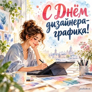 День дизайнера-графика — открытка «С Днём дизайнера-графика!» с дизайнером и графическим планшетом
