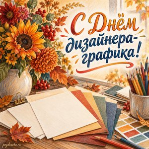 День дизайнера-графика — открытка «С Днём дизайнера-графика!» с образцами бумаги и осенними цветами