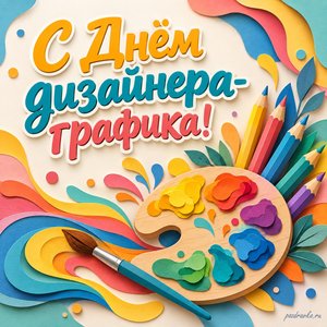 День дизайнера-графика — открытка «С Днём дизайнера-графика!» с палитрой красок и цветными карандашами