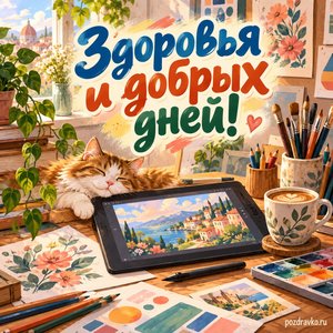 День дизайнера-графика — открытка «Здоровья и добрых дней!» с творческим рабочим столом