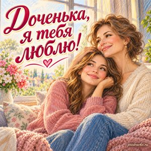 День дочери — открытка «Доченька, я тебя люблю!» с мамой и взрослой дочерью у окна