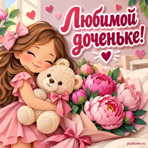 День дочери — открытка «Любимой доченьке!» с нежным букетом пионов и мягкой игрушкой