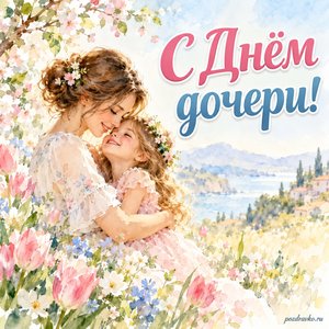 День дочери — открытка «С Днём дочери!» с мамой и дочкой среди весенних цветов