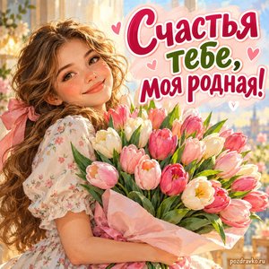День дочери — открытка «Счастья тебе, моя родная!» с девушкой и большим букетом тюльпанов
