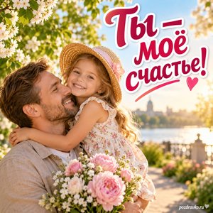 День дочери — открытка «Ты — моё счастье!» с отцом и дочерью на солнечной прогулке
