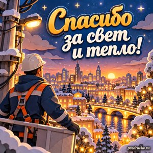 День энергетика — открытка «Спасибо за свет и тепло!» с светящимися окнами города и праздничными огнями