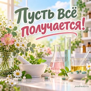 День фармацевта в России — открытка «Пусть всё получается!» с мерными ёмкостями без цифр День фармацевта в России — открытка «Пусть всё получается!» с мерными ёмкостями без цифр