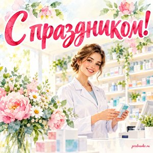 День фармацевта в России — открытка «С праздником!» с фармацевтом в светлой аптеке без вывесок День фармацевта в России — открытка «С праздником!» с фармацевтом в светлой аптеке без вывесок