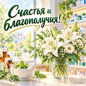 День фармацевта в России — открытка «Счастья и благополучия!» с белыми цветами у аптечного окна День фармацевта в России — открытка «Счастья и благополучия!» с белыми цветами у аптечного окна