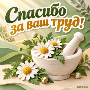 День фармацевта в России — открытка «Спасибо за ваш труд!» с аптечной ступкой и ромашками День фармацевта в России — открытка «Спасибо за ваш труд!» с аптечной ступкой и ромашками